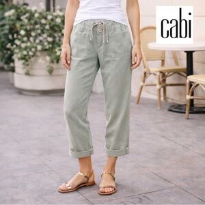 CAbi Sage Green Draw String Baggy Cuffed linen Ankle length pants Medium khaki